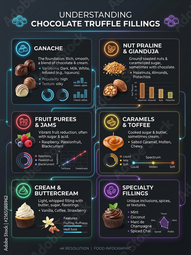 Modern Infographic of Chocolate Truffle Fillings and Confectionery Types with Illustrations and Data Charts