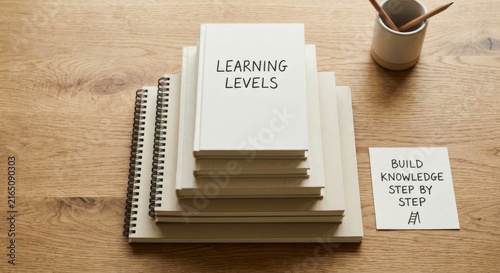 Stack of Blank Notebooks for Learning and Study on Wooden Desk
