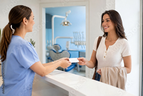Patient Finishing Visit at Dental Clinic Reception