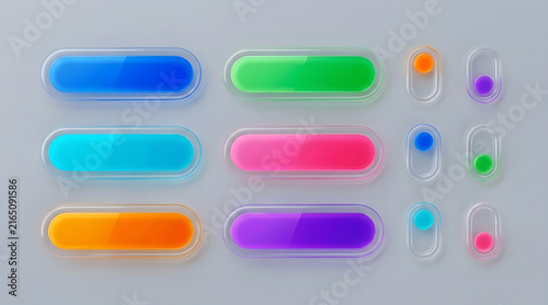 Set of glossy glass web buttons and interactive switch components for user interface design