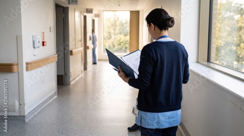Rear view of female nurse or doctor walking down bright hospital corridor holding clipboard and reviewing patient files, healthcare worker, medical staff, daily routine, ward round