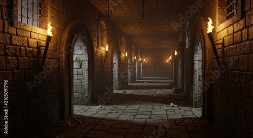 Mysterious Dungeon Corridor Illuminated by Torches.
