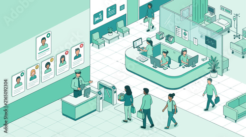 Isometric Hospital Reception Interior with Security Turnstile Medical Staff Nurses and Patients