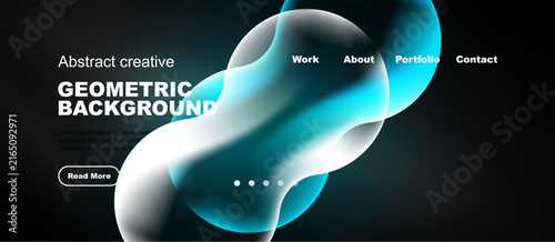 Modern website design features abstract shapes, text, navigation menu. Blue, white color scheme dominates dark background. Simple, clean aesthetic.