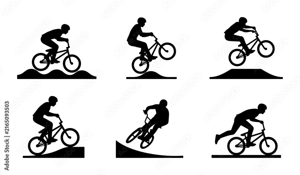 Fototapeta premium BMX Bike Rider Silhouettes, Extreme Sports Action, Bicycle Trick Set, Vector Graphics