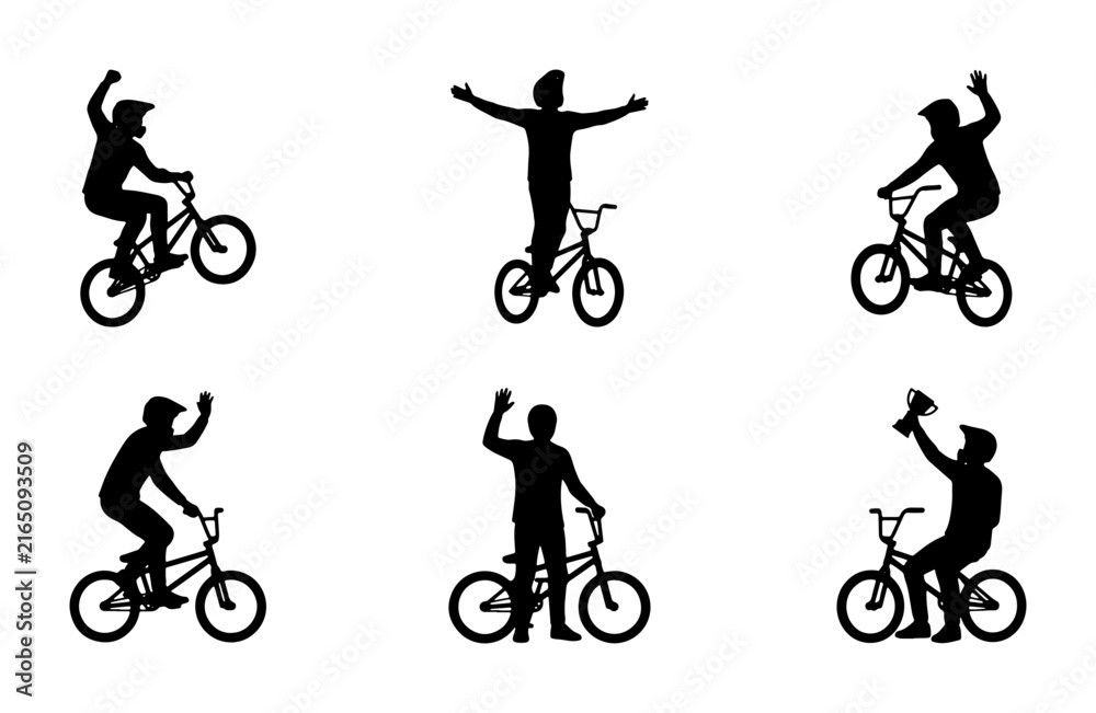 Naklejka premium BMX Rider Silhouettes Collection: Action, Victory, Freestyle Cycling Vector Set