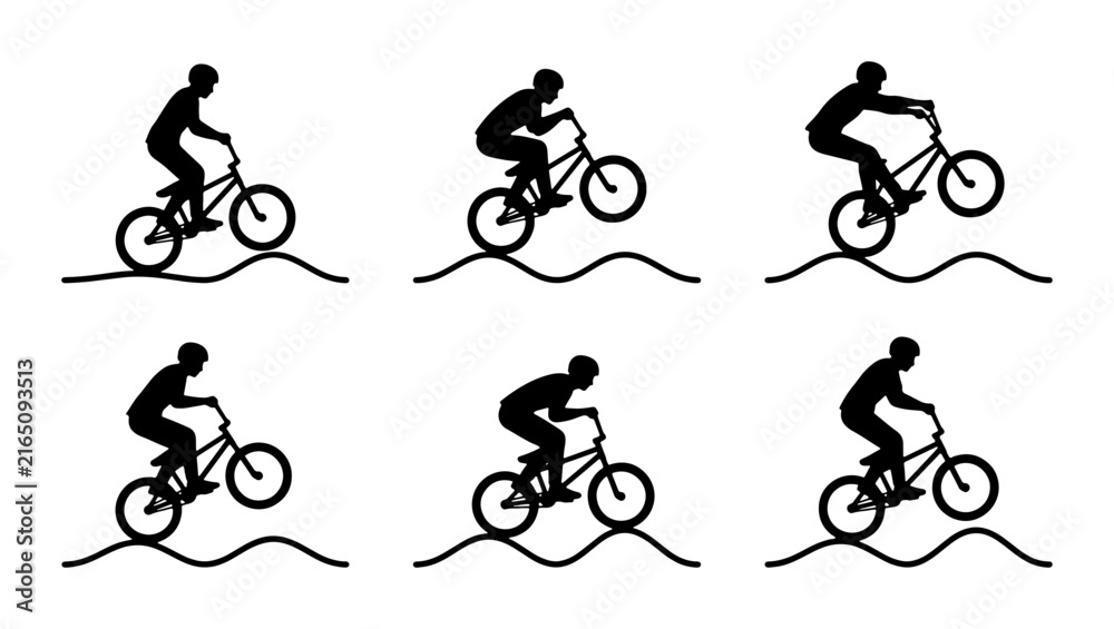 Naklejka premium BMX Rider Silhouettes, Extreme Cycling Action Poses, Bicycle Sport Motion Graphics