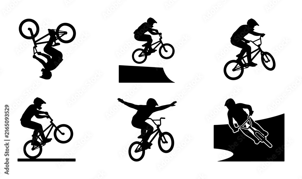 Fototapeta premium BMX Bike Freestyle Tricks Set, Extreme Sports Action Silhouettes, Bicycle Rider Dynamic Poses