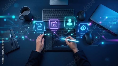 Top view of hands using stylus on tablet with futuristic holographic interface icons for documents calendar user profile and settings, symbolizing modern digital workspace