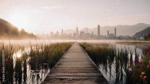 Misty Boardwalk Over Lake Toward City Skyline at Sunrise.