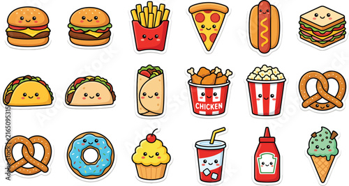 Vector illustration set of cute kawaii style fast food icons