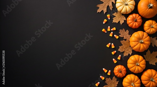 Autumn harvest flat lay composition with small pumpkins autumn leaves candy corn on a black background halloween
