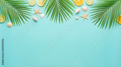Tropical palm leaves sea shells starfish citrus fruit slices on turquoise background with turquoise starfish tropical