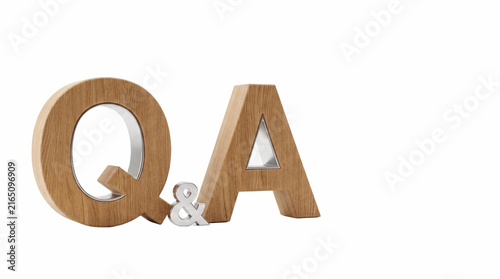Wooden Q&A letters on white background, natural oak wood questions and answers sign, minimalist business communication concept