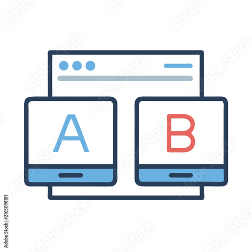A/B testing interface with server, displays and contrasting letter options, on black background