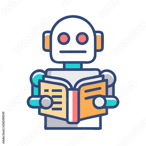 Cartoon style robot reading a book on a black background for educational purposes