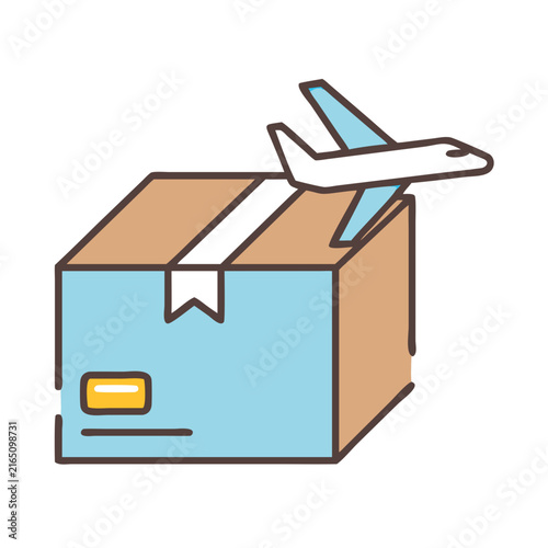 Stylized illustration of air cargo shipment featuring cardboard box and flying airplane for delivery