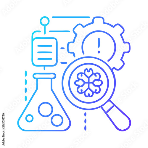 Science and Technology Research Analysis Concept: Flask, Gear, and Magnifying Glass in Gradient