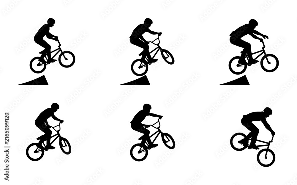 Fototapeta premium BMX Bicycle Rider Silhouettes, Extreme Sports Action, Dynamic Jump Sequence Vector Set