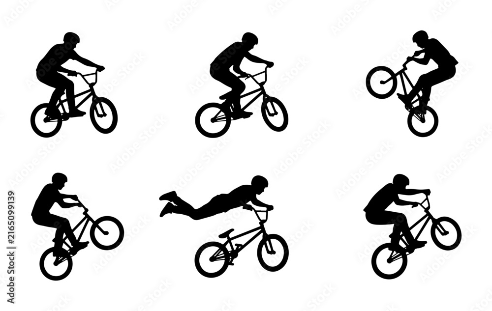 Fototapeta premium BMX Rider Silhouettes, Extreme Cycling Action Poses, Bicycle Sport Vector Set