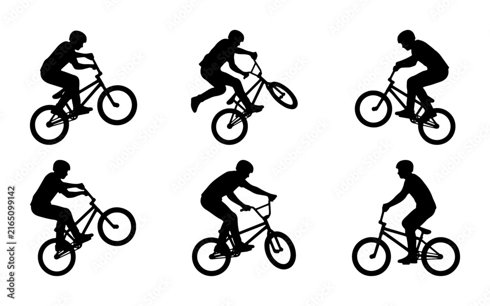 Fototapeta premium BMX Bicycle Rider Silhouettes, Extreme Sports Action Poses, Dynamic Cycling Stunts Vector Set