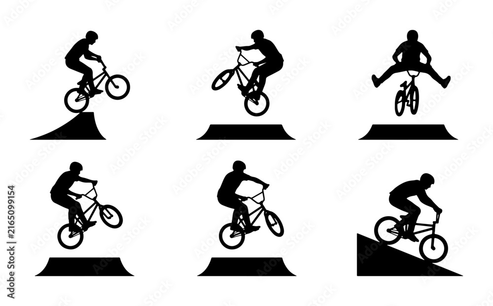 Fototapeta premium BMX Bicycle Rider Silhouettes, Extreme Sports Action, Freestyle Tricks, Dynamic Vector Set