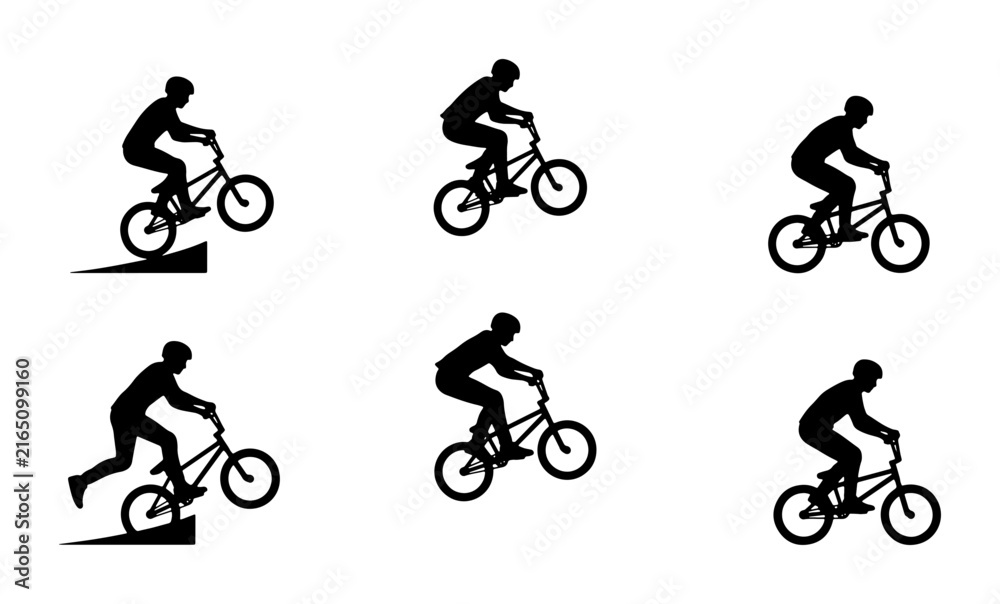 Fototapeta premium BMX Bicycle Rider Silhouettes, Extreme Sports Action, Freestyle Cycling Motion Graphics