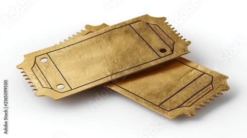 Pair of golden retro cinema tickets with perforated edges isolated on white background, elegant design symbolizing classic movie theater admission