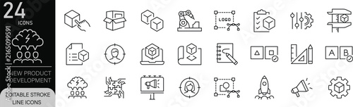 New Product Development icons set. Includes icons for innovation, research, prototyping, testing, design, and product launch. Editable stroke. Line icons. Perfect for apps and infographics.

