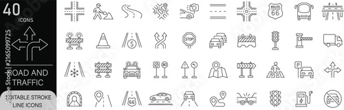 Traffic and Road icons set. Includes icons for roads, traffic lights, vehicles, signs, highways, and navigation. Editable stroke. Line icons. Perfect for apps and infographics.
