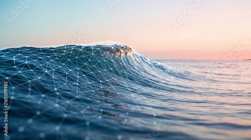 Futuristic digital ocean wave covered with glowing interconnected network lines and data points at sunset, symbolizing connectivity, data flow, technology, innovation and digital transformation