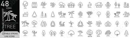 Tree icons set. Includes icons for forests, leaves, nature, growth, ecology, and environment. Editable stroke. Line icons. Perfect for apps and infographics.
