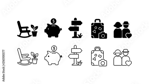 Retirement Lifestyle Icon Set in Solid Silhouette and Linear Outline Style