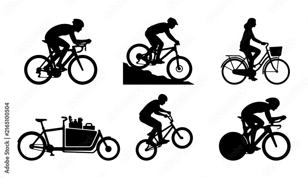 Naklejka premium Cycling Silhouettes Collection: Diverse Riders, Bicycle Types, Active Lifestyle Vector Set