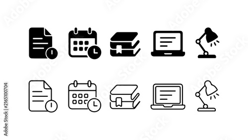 Office Productivity and Education Icon Set in Silhouette and Outline Style Vector
