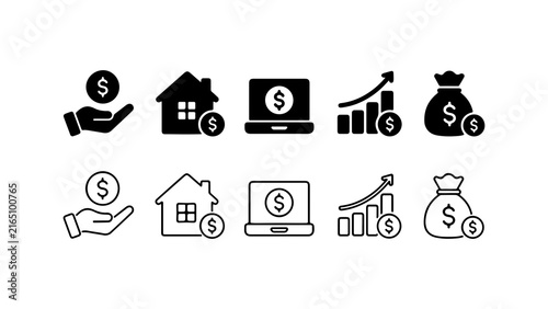 Financial Business Icon Set in Solid Silhouette and Linear Outline Style