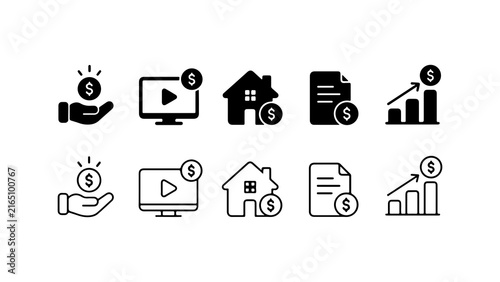 Financial Business Icon Set with Dollar Sign in Glyph and Outline Style