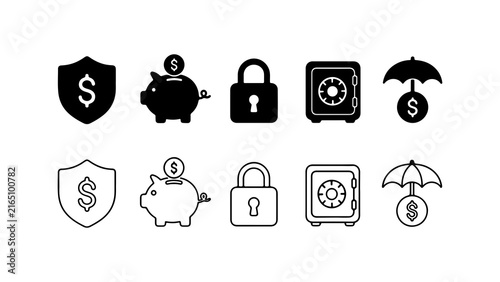 Financial Security Icon Set in Silhouette and Outline Style