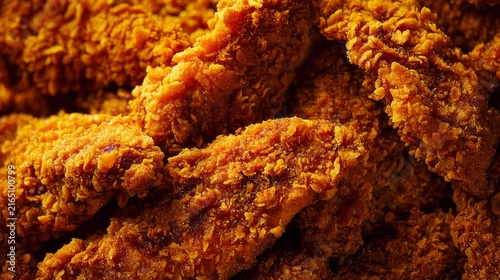 Close up textured background of crispy fried chicken strips, crunchy coating detail highlighted with rich golden tones