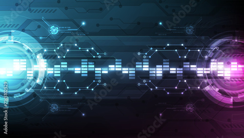 Futuristic Digital Audio Frequency Interface: Glowing Cyan and Purple Sound Equalizer Wave on Circuit Background