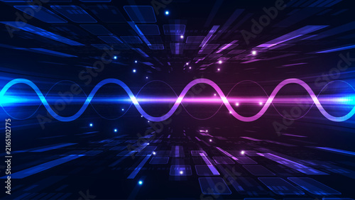 Futuristic Cyber Sine Wave Horizon: Glowing Blue and Purple Digital Helix Spectrum on Tech Grid Background