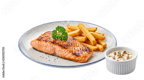 Grilled salmon with french fries and white sauce
