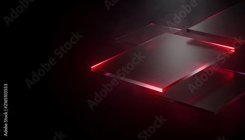 Futuristic Abstract Glass Plates with Red Neon Glow on Dark Background for High-Tech Presentation