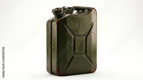 Vintage Green Metal Jerry Can 20 Liter Fuel Container Isolated on White