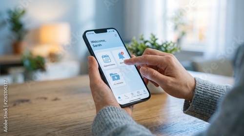 Close up of woman hands holding smartphone using mobile health care application interface, digital medical patient portal, telemedicine appointment scheduling, personal wellness