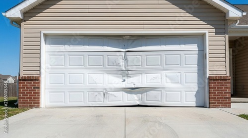 A badly dented and bent white garage door on a suburban home.