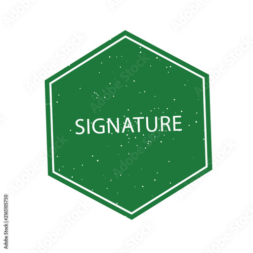 Green hexagon stamp with signature text isolated on transparent background