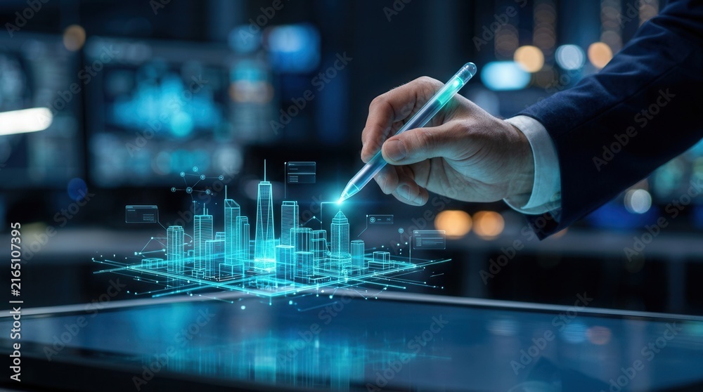 Fototapeta premium Business expert analyzing the technical and financial feasibility of a digital city deployment.