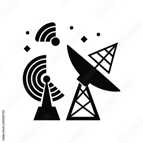 Foto Satellite communication antennas and dish collection vector set for global broad