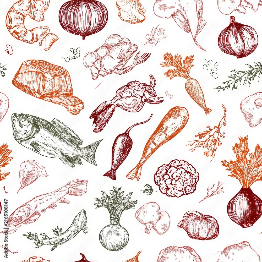 Seamless pattern vector background with organic food, continuous line drawing of vegetables, fruits, seafood, and meat arranged in repeating design